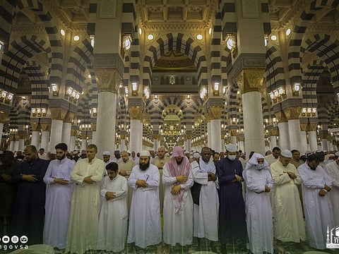 Worshippers perform the nightly Taraweeh prayers in Ramadan at the Prophet’s Mosque.