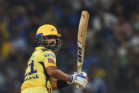 Chennai Super Kings' Ajinkya Rahane plays a shot during the Indian Premier League match against Mumbai Indians at the Wankhede Stadium in Mumbai.