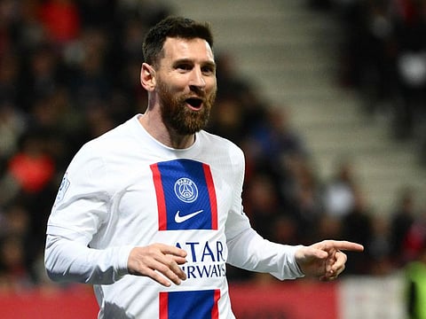 Paris Saint-Germain's Argentine forward Lionel Messi celebrates after scoring a goal during the French Ligue 1 match against Nice at the Allianz Riviera stadium in Nice.