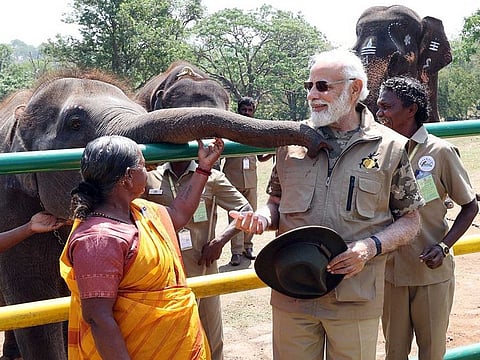 Prime Minister Narendra Modi at Theppakadu elephant camp as he visited Mudumalai Tiger Reserve, on Sunday, April 9, 2023.