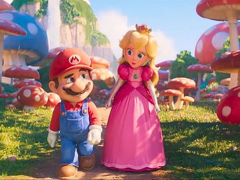 This image released by Nintendo and Universal Studios shows Mario, voiced by Chris Pratt, left, and Princess Peach, voiced by Anya Taylor-Joy, in Nintendo's "The Super Mario Bros. Movie."
