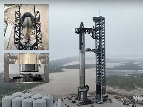 The Starship and Super Heavy rockets stacked together, ready for lift-off.