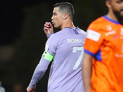Al Nassr's Portuguese forward Cristiano Ronaldo gestures at the end of the Saudi Pro League football match against Al Fayha at the al-Majmaah stadium in the city of al-Majmaah.