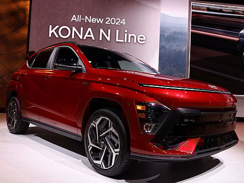 A Hyundai Kona vehicle is displayed at the New York International Auto Show, in Manhattan, New York City, U.S., April 5, 2023.