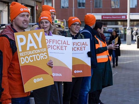 File image used for illustrative purposes: Junior doctors on a picket line during a strike outside the Royal London hospital in London, UK, on Tuesday, April 11, 2023.