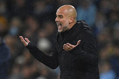 Manchester City manager Pep Guardiola gestures on the touchline during the UEFA Champions League quarter final, first leg match against Bayern Munich at the Etihad Stadium in Manchester, north-west England.