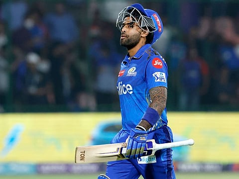Suryakumar Yadav of the Mumbai Indians walks back to the pavilion after getting out in the Tata Indian Premier League match against the Delhi Capitals at the Arun Jaitley Stadium, Delhi, on April 11, 2023. Yadav is going through a run of poor scores and his return to form is critical to strengthening the Mumbai batting.