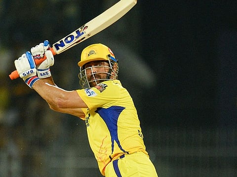 Chennai Super Kings' captain Mahendra Singh Dhoni plays a shot during the IPL match against Rajasthan Royals at the MA Chidambaram Stadium in Chennai on April 12, 2023.