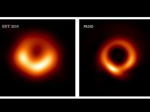 This combination of images provided by researcher Lia Medeiros shows images of the M87 black hole released in 2019, left, and an updated one for 2023. The new version, published on April 13, 2023, in the Astrophysical Journal Letters — keeps the original shape, but with a skinnier ring and a sharper resolution. Even with many telescopes working together, gaps remained in the data. In the latest study, scientists relied on the same data and used machine learning to fill in the missing pieces.