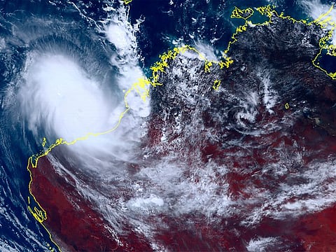 This satellite image taken by Himawari-8, a Japanese weather satellite, and provided by National Institute of Information and Communications Technology, shows cyclone Ilsa approaching  Australia's west coast.