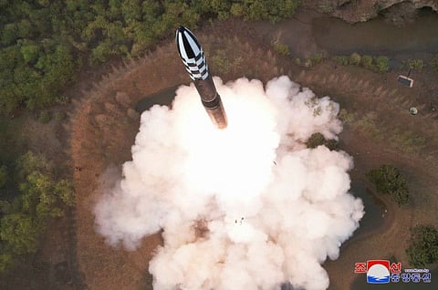 This picture taken on April 13, 2023 and released by North Korea's official Korean Central News Agency (KCNA) on April 14 shows the test-fire of the new Hwasongpho-18 ICBM at an undisclosed location in North Korea.
