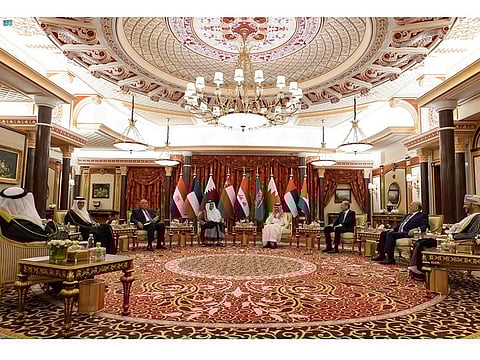 Saudi Arabia hosts a meeting of foreign ministers from Iraq, Jordan, Egypt and the Gulf Cooperation Council (GCC) countries to discuss Syria crisis in Jeddah, Saudi Arabia, on April 14, 2023.