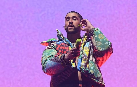 Puerto Rican singer Bad Bunny performs during the first week-end of Coachella Valley Music and Arts Festival in Indio, California