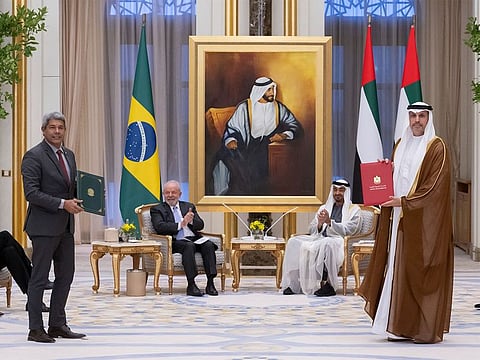 In the presence of UAE President His Highness Sheikh Mohamed bin Zayed Al Nahyan and Brazil's President Luiz Inacio Lula da Silva, Mubadala MD & Group CEO Khaldoon Khalifa Al Mubarak and Jerônimo Rodrigues, Governor of the State of Bahia, take part in an MoU signing ceremony.