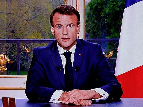 French President Emmanuel Macron during a televised address to the nation, made from the Elysee Palace, after signing into law a pensions reform in Paris.