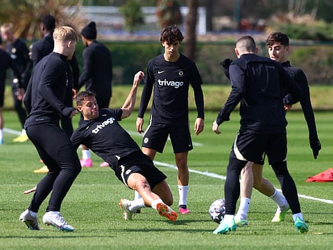 Chelsea's Cesar Azpilicueta with teammates during training ahead of the Champions League quarter-final second leg against Real Madrid.
