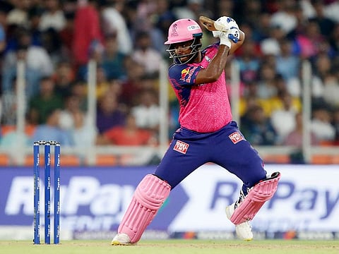 Captain Sanju Samson of the Rajasthan Royals plays a square shot during the Tata Indian Premier League match against chamions Gujarat Titans at the Narendra Modi Stadium in Ahmedabad on April 16, 2023. Samson played a pivotal knock in Rajasthan’s win that took them to top of the points table.