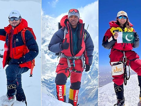 Pakistani mountaineers (left to right) Shehroze Kashif Sajid Ali Sadpara and Naila Kiani on Nepal’s Mount Annapurna, world’s 10th highest mountain.