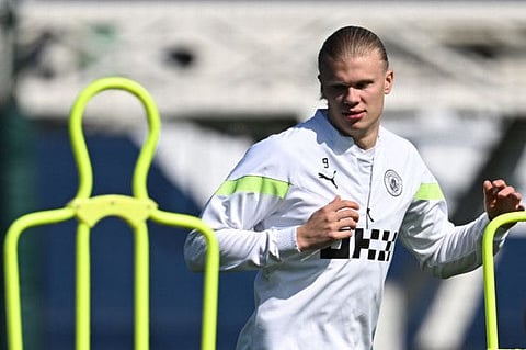 Manchester City's Norwegian striker Erling Haaland attends a team training session at Manchester City training ground in Manchester, north-west England ahead of their UEFA Champions League quarter-final second leg match against Bayern Munich.