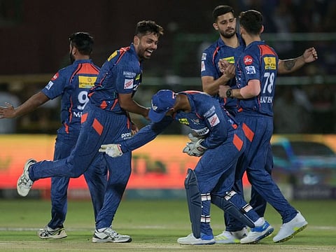 Lucknow Super Giants' players celebrate after winning the match between against Rajasthan Royals.