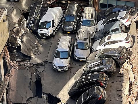 This image courtesy of @MobileHealthInc shows a collapsed parking garage in lower Manhattan, New York, April 18, 2023.