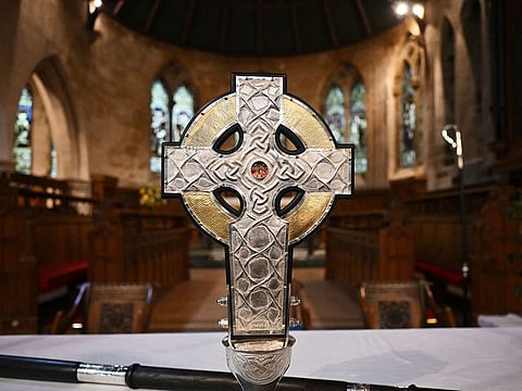 'The Cross of Wales' is displayed for a photograph ahead of a ceremony to bless the Cross.