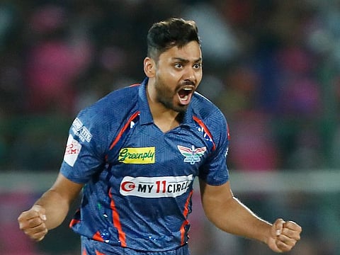 Lucknow Super Giants' Avesh Khan celebrates a wicket against Rajasthan Royals in Jaipur on Wednesday.