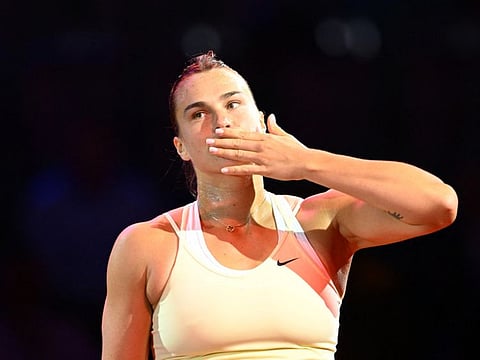 Belarus' Aryna Sabalenka celebrates after winning her round of 16 match against Czech Republic's Barbora Krejcikova in Stuttgart.