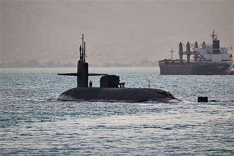 This handout photo released on April 7, 2023 by the US Defence Visual Information Distribution Service (DVIDS) shows guided-missile submarine USS Florida (SSGN 728) transiting the Suez Canal en route to the Red Sea.