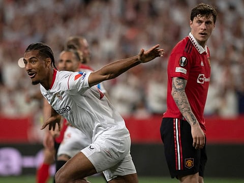 Sevilla's Loic Bade celebrates after scoring his team's second goal during the Uefa Europa league quarterfinal second leg on Thursday.