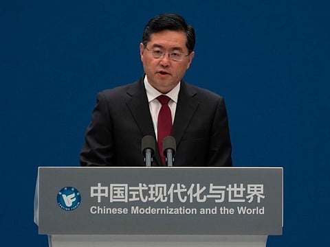 Chinese foreign minister Qin Gang speaks during the forum titled Chinese Modernisation and the World held at The Grand Halls in Shanghai on April 21, 2023.