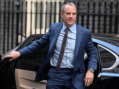 British Deputy Prime Minister and Justice Secretary Dominic Raab arrives outside Number 10 Downing Street, in London.
