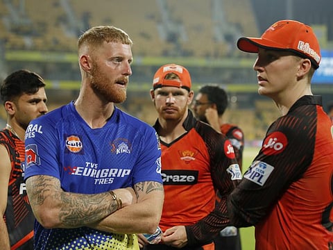 Ben Stokes of Chennai Super Kings and Harry Brook of Sunrisers Hyderabad after the Match 29 in Chennai on Friday.