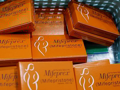 A container holding boxes of Mifepristone, the first medication in a medical abortion, are prepared for patients at Alamo Women's Clinic in Carbondale, Illinois.