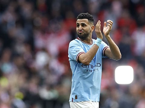 Manchester City's Riyad Mahrez applauds fans after the FA semifinal against Sheffield United in Wembley Stadium on Saturday.