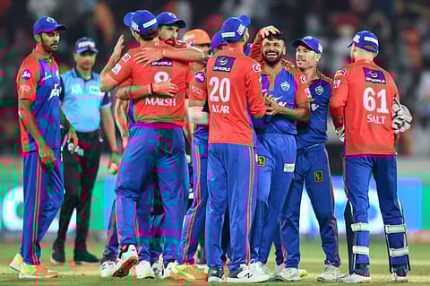 Delhi Capitals' players celebrate after winning the Indian Premier League match against Sunrisers Hyderabad.