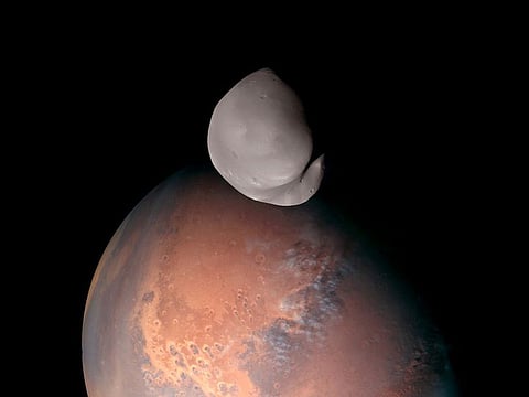 This photo was taken by Hope probe on its closest approach to Mars' moon Deimos