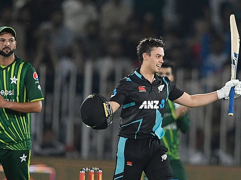 New Zealand's Mark Chapman (R) celebrates after scoring his century during the fifth and final Twenty20 against Pakistan in Rawalpindi on Tuesday.