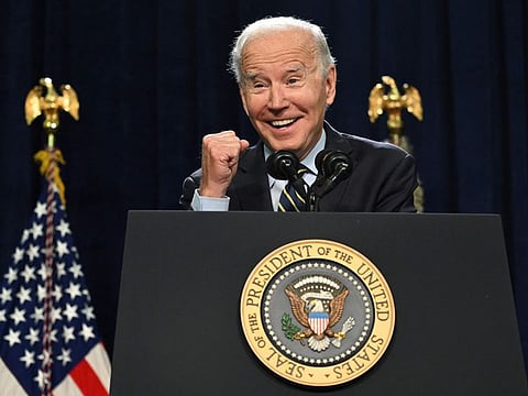 US President Joe Biden speaks about lowering prescription drug costs and protecting Social Security and Medicare at Jones Elementary School in Joliet, Illinois, November 5, 2022.