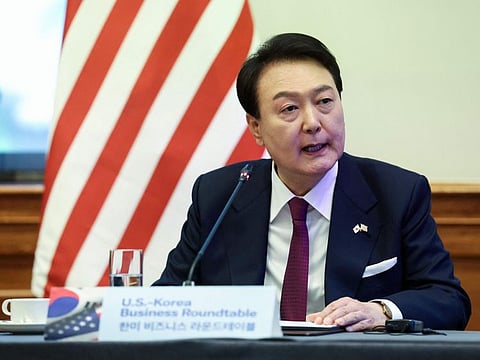 South Korean President Yoon Suk Yeol delivers remarks during a U.S.-Korea Business Roundtable at the U.S. Chamber of Commerce on April 25, 2023 in Washington, DC. President Yoon Suk Yeol, on his first trip to the United States as president, will meet with U.S. President Joe Biden and will deliver an address to Congress.
