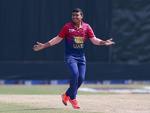 UAE left-arm spinner celebrates a wicket during the last group match against Bahrain in Nepal on Wednesday.