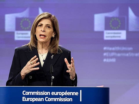 EU commissioner for Health Stella Kyriakides speaks during a press conference on the revision of the pharmaceutical legislation and fight against antimicrobial resistance at the EU headquarters in Brussels on April 26, 2023.