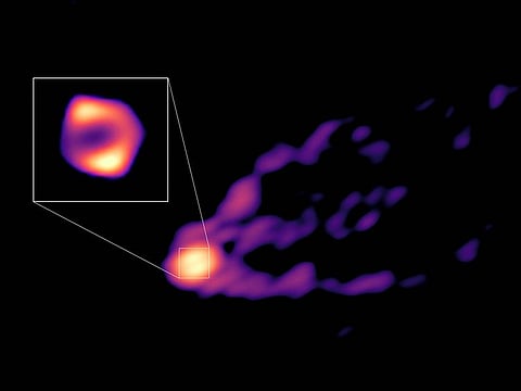 This image shows the jet and shadow of the black hole at the center of the M87 galaxy together for the first time. The observations were obtained with telescopes from the Global Millimetre VLBI Array (GMVA), the Atacama Large Millimeter/submillimeter Array (ALMA), of which the European Southern Observatory is a partner, and the Greenland Telescope.