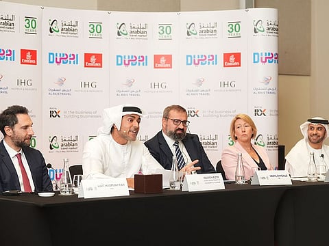 Haitham Mattar, Managing Director, IHG Hotels & Resorts, Issam Kazim, CEO, DCTCM, part of DET, Vasyl Zhygalo, Managing Director, RX Middle East / Portfolio Director WTM and IBTM, RX, Danielle Curtis, Exhibition Director for the Middle East, Arabian Travel Market and Adnan Kazim, CCO, Emirates