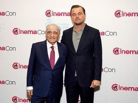 Director Martin Scorsese and Leonardo DiCaprio pose together at the Martin Scorsese "Legend of Cinema" Award Presentation during CinemaCon 2023 in Las Vegas.