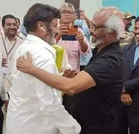 Telugu superstar N Balakrishna welcomes actor Rajinikanth at Vijayawada on Friday.