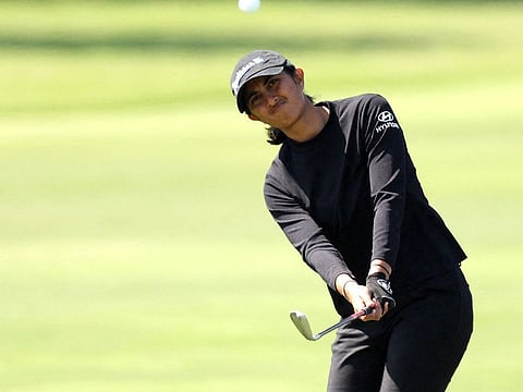 Aditi Ashok of India plays her shot on the 13th hole during the second round of the JM Eagle LA Championship presented by Plastpro at Wilshire Country Club on April 28, 2023 in Los Angeles, California.