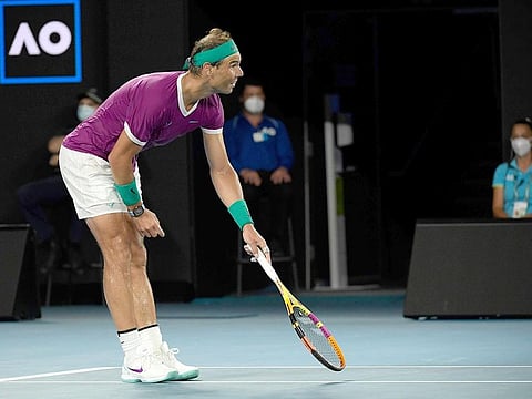 File photo: Rafael Nadal of Spain gestures to the umpire as he queries a line call during his match against Daniil Medvedev of Russia in the men's singles final at the Australian Open tennis championships in Melbourne, on Sunday, January 30, 2022.