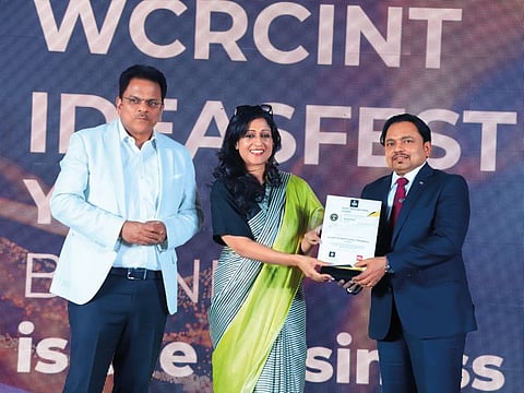 Aurion Founder and Managing Director, Syam P Prabhu receiving Asia’s Inspirational Leader Award 2023 at New Delhi, instituted by WCRC