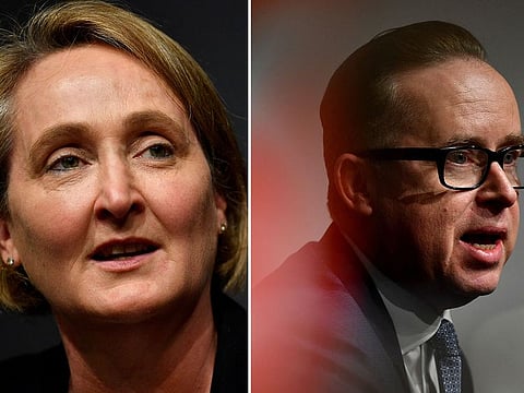 A combination photo shows newly appointed Qantas Group CEO, and current CFO, Vanessa Hudson and outgoing Qantas Group CEO Alan Joyce during a news conference at Qantas Head Office in Sydney, May 2, 2023.